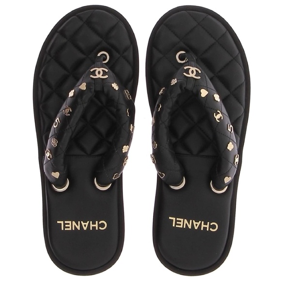 CHANEL Shoes - CHANEL Black Quilted Charms Thong Sandals, Size 36.5